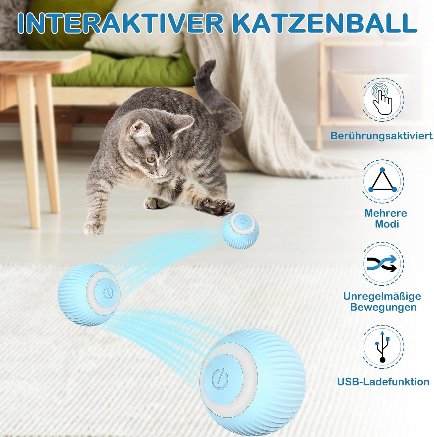 360° Katzenspielball mit LED & USB – Interaktives Katzenspielzeug