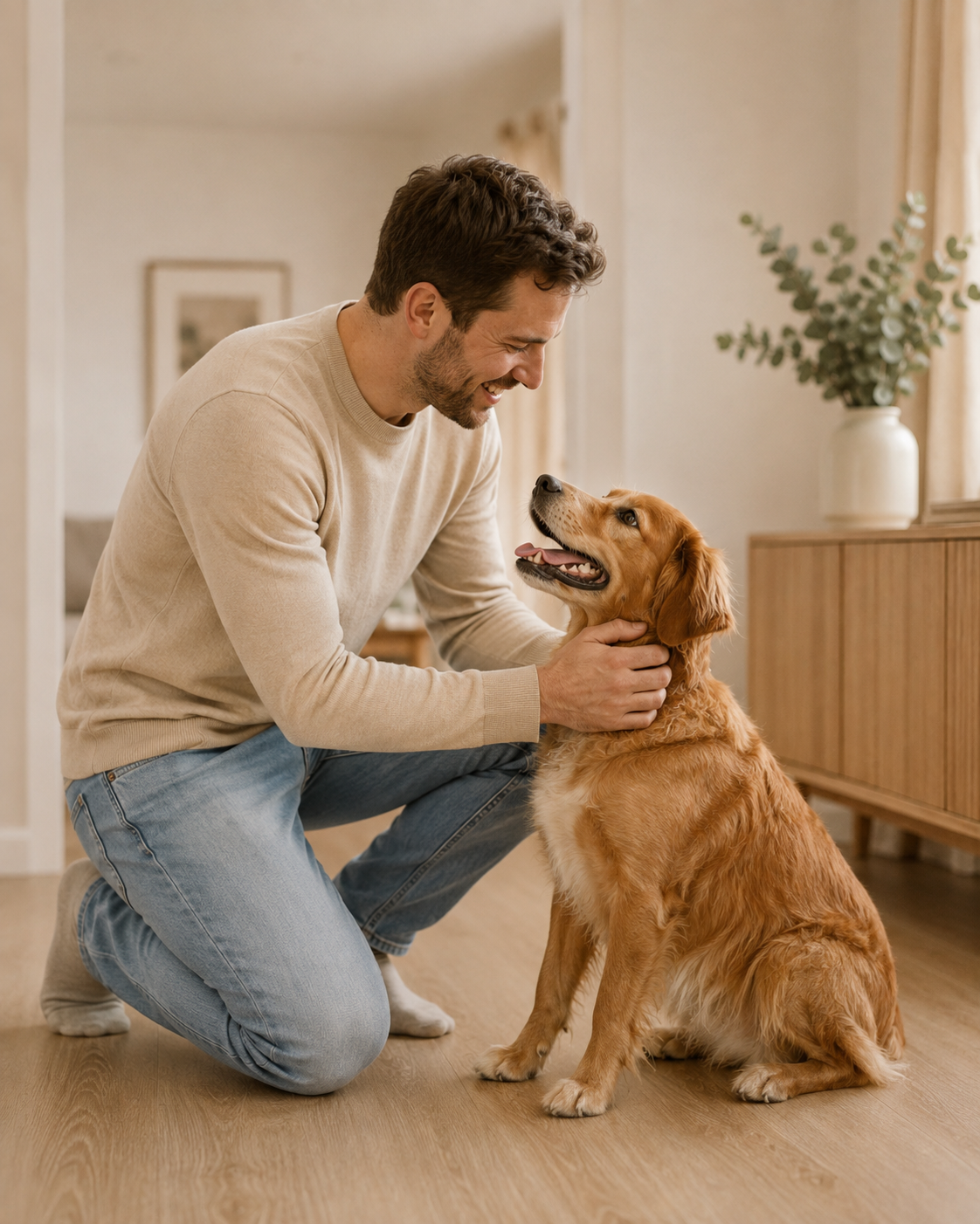 Mensch und Golden Retriever in einem hellen Wohnzimmer