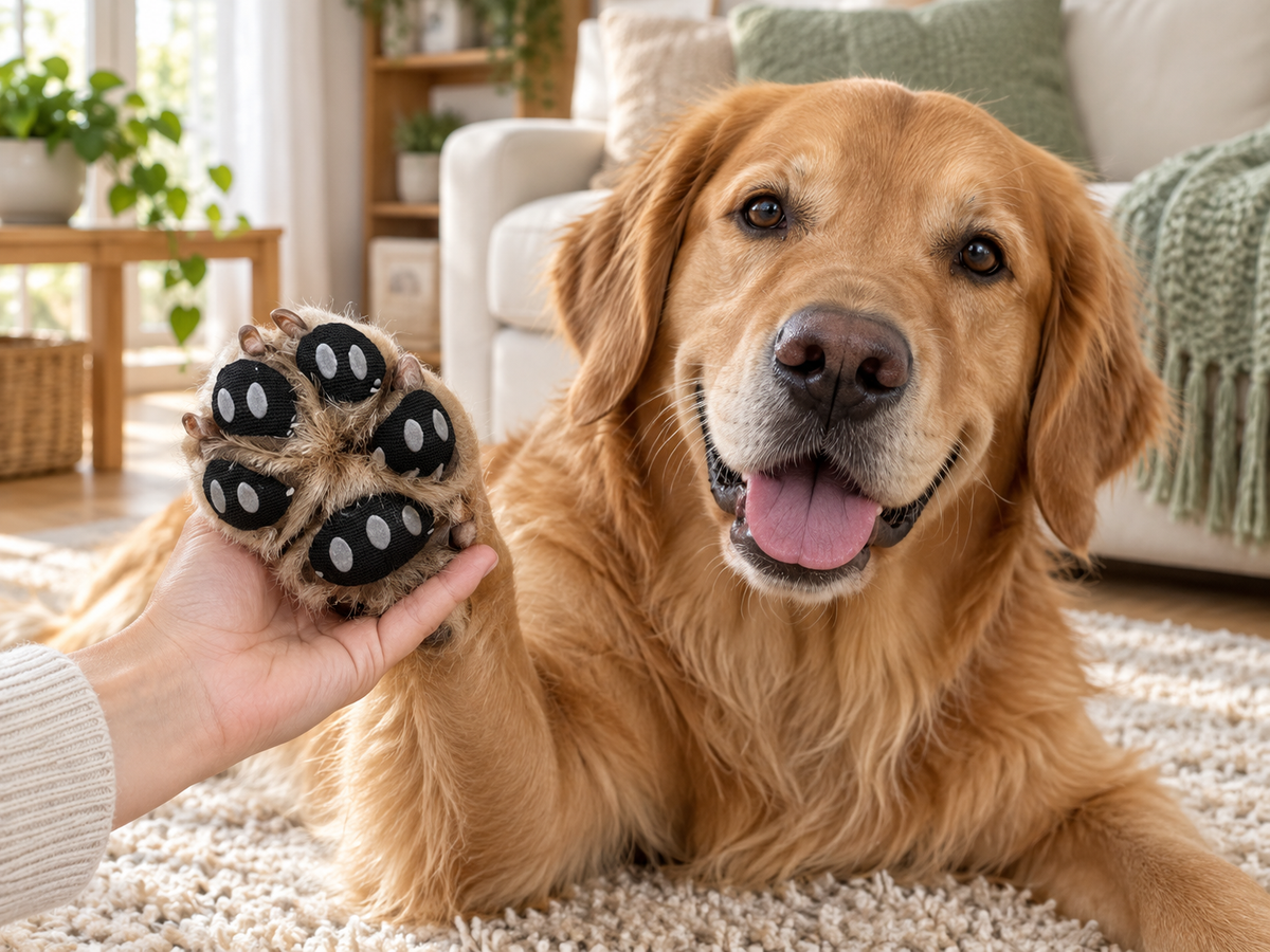 Golden Retriever zeigt seine Pfote mit Anti-Rutsch-Pad